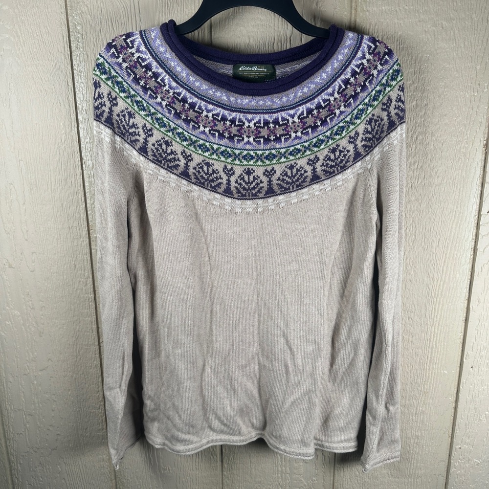Eddie Bauer Sweater Womens Sz Medium Beige Purple Fair Isle Cotton Angora Blend
